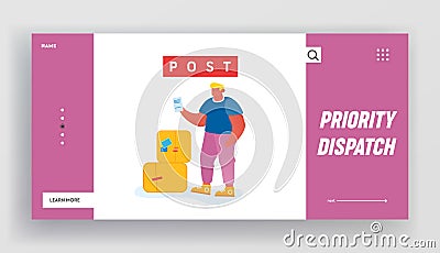 Customer Visiting Post Office Landing Page. Male Character Holding Recipe in Hand for Receiving or Sending Parcel Vector Illustration