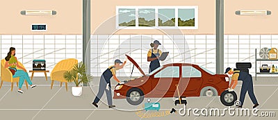 Customer waiting for her car in auto mechanic shop. Car repair service cartoon vector illustration. Mechanic engineer Vector Illustration