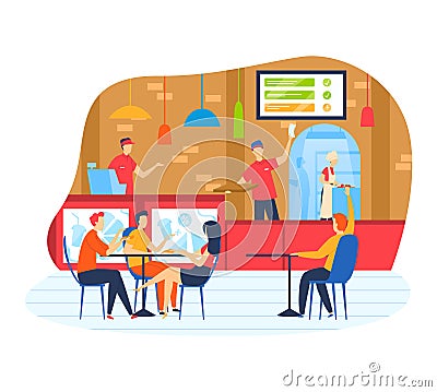 Customers dining in a modern cafe, waiter serving, barista making coffee. Casual lunch in urban eatery, people enjoying Vector Illustration