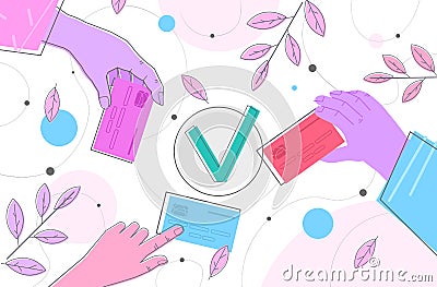 customers hands holding credit cards green checkmark complete transaction approved payment concept Vector Illustration