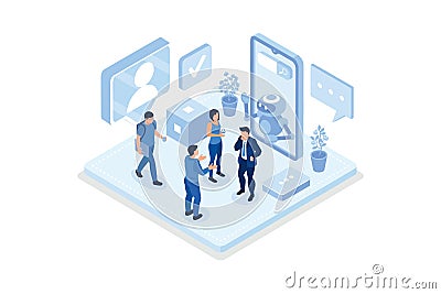 Customers having dialog with chatbot on smartphone. Characters chatting with robot, asking questions and receiving answers. AI Vector Illustration