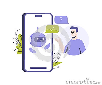 Customers having dialog with chatbot on smartphone. A cute robot on the screen answers questions. Chatbot concept Vector Illustration