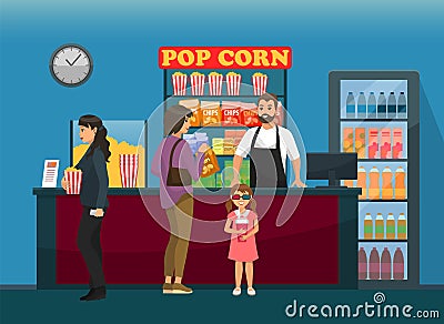 Customers near Cinema Bar with Snacks, Fast Food Vector Illustration