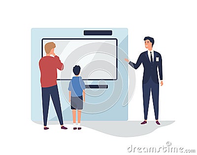 Customers near promotional stand flat vector illustration. Consultant, salesman giving presentation. Promoter Vector Illustration