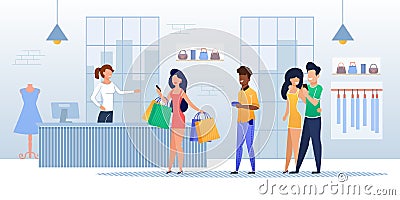 Customers Queue at Cash Register in Clothing Store Vector Illustration