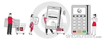 Customers Stand in Queue in Supermarket Prepare Credit Card, Smart Watch and Smartphone for Cashless Paying Vector Illustration