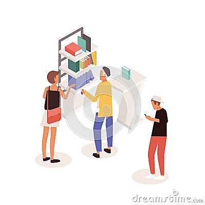 Customers standing near commercial promotional stand or shelves with books and talking to consultant. People at Vector Illustration