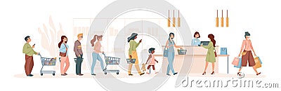 Customers at supermarket. Cartoon characters pay to cashier in grocery or retail store, buyers with trolley and goods in Vector Illustration