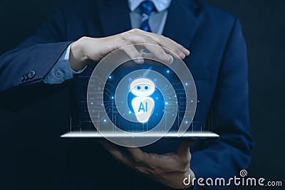 customers using tablet Intelligent digital chatbot communication conversational assistant robot Access to Internet network Stock Photo