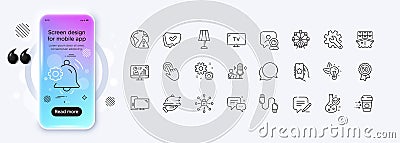 Customisation, Shipment and Analytics graph line icons for web app. Pictogram icon. Phone mockup gradient screen Vector Stock Photo