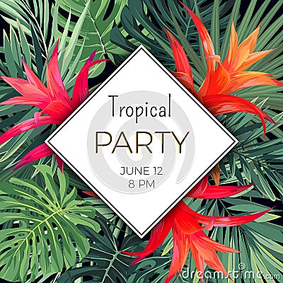 Customizable vector floral design template for summer beach party. Tropical flyer with green exotic plants and red Vector Illustration