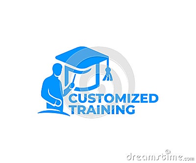 Customized training, teacher at the blackboard and doktorhut or bachelor cap, logo design. Education, teach and learn, vector desi Vector Illustration