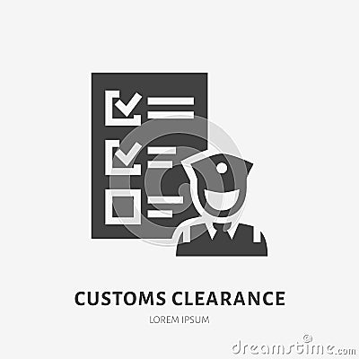 Customs clearance flat glyph icon. Policeman inspecting luggage sign. Solid silhouette logo for cargo trucking, freight Vector Illustration