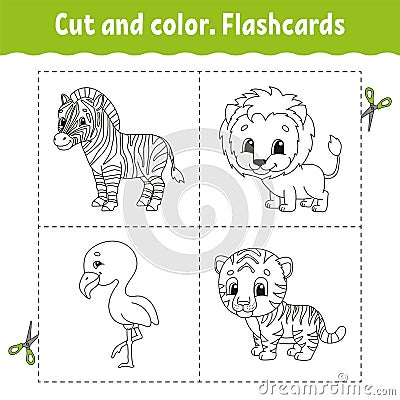 Cut and color. Flashcard Set. flamingo, tiger, lion, zebra. Coloring book for kids. Cartoon character. Cute animal Vector Illustration