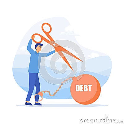 Cut debt. Businessman use pliers to cut the chain and free himself from debt metal ball Cartoon Illustration