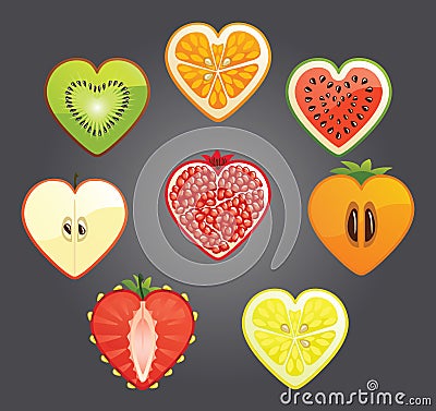 Cut of differend fruits,berries in a heart shape Vector Illustration