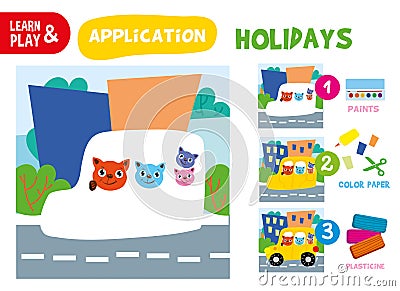 Cut Glue Cat Children Paper Application Game Vector Illustration