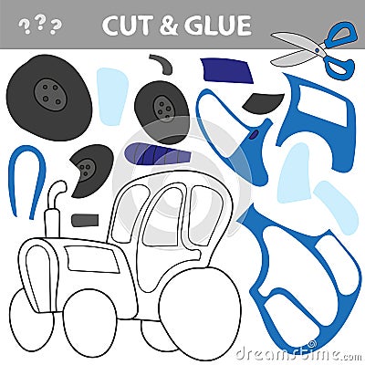 Cut and Glue - an educational game for kids. Blue Tractor Vector Illustration