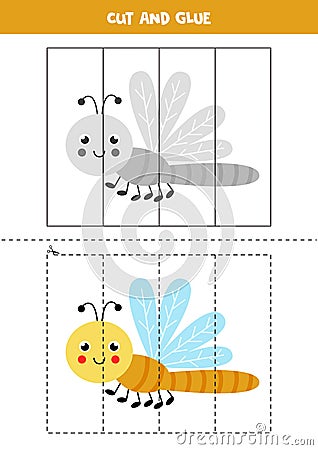 Cut and glue game for kids. Cute dragonfly Vector Illustration