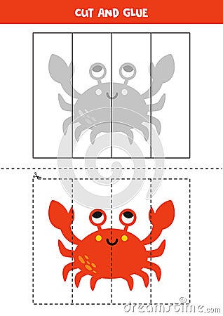 Cut and glue game for kids. Cute red crab Vector Illustration
