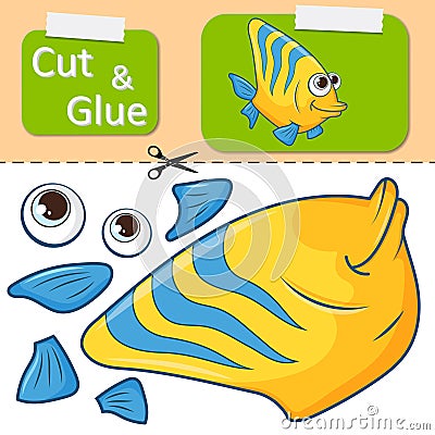 Cut and glue the paper Fish. Create application the cartoon fun Butterfly Fish. Education riddle entertainment and amusement Vector Illustration