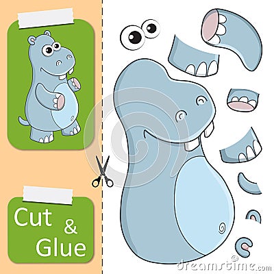 Cut and glue the paper Hippo. Create application the cartoon fun Behemoth. Education riddle entertainment and amusement Vector Illustration