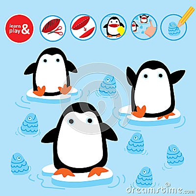 Cut Glue Penguin Children Paper Winter Game Vector Illustration