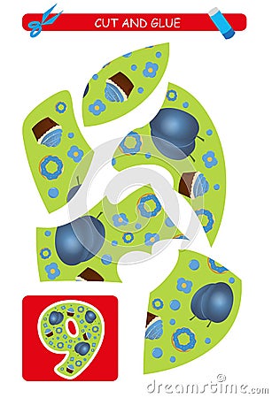 Cut and glue worksheet: number 9. Educational game for kids. Learning numbers. Vector Illustration