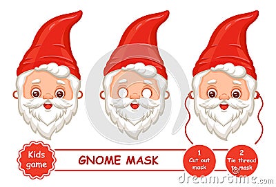 Cut gnome, Santa Clause Christmas carnival face mask. Dwarf old man with beard. Masquerade head decor. Children paper game. Vector Vector Illustration