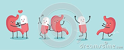 Cut happy pills and stomach character cartoon art illustration Vector Illustration