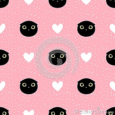 Cut head black cat with heart and dot seamless pattern Vector Illustration