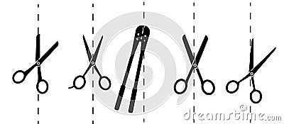 Cut here line icon pack symbol. Paper cut icon with dotted line. Scissors with cut lines. Vector Vector Illustration