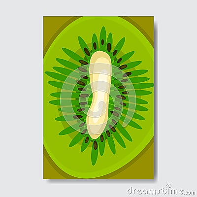 Cut kiwi template card, slice fresh fruit poster on white background, magazine cover vertical layout brochure poster Vector Illustration