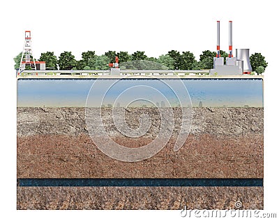 Cut of layers of earth with water with industry Stock Photo