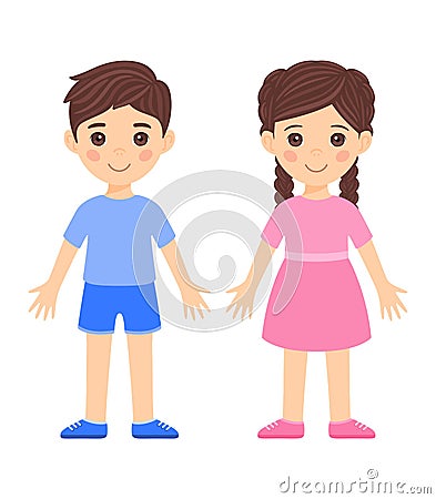 Cut Little Brunette Boy in Shorts, Shirt, Shoes and Girl with Pigtails, and in Dress. Couple of Children. Two Kids are Smiling. Vector Illustration