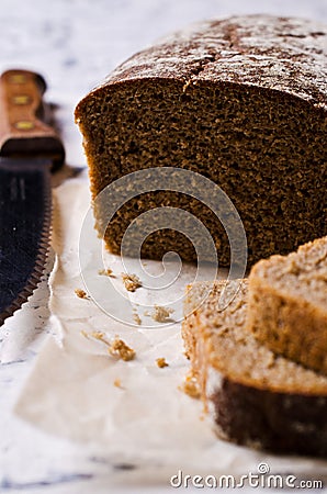 Cut loaf of rye bread Stock Photo