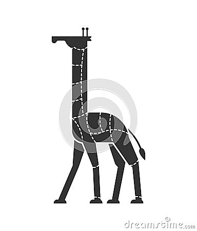 Cut of meat Giraffe. Camelopard silhouette scheme lines of different parts meat. How to cut flesh wild beast. Poster Butchers Vector Illustration