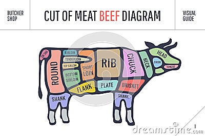 Cut of meat set. Poster Butcher diagram and scheme - Cow Vector Illustration