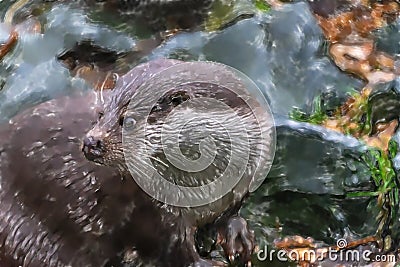 Cut otter looking attentively and curiously over its right shoul Cartoon Illustration