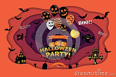 Cut paper Happy Halloween festive abstract background. Vector Illustration