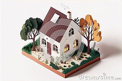 Cut Paper Sculpture Illustration of Small House - Generative AI Stock Photo