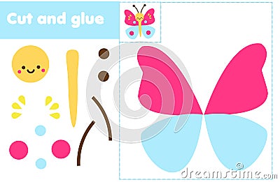 Cut and paste children educational game. Paper cutting activity. Make butterfly with glue and scissors. Stickers fun for toddlers Vector Illustration