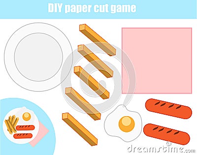 Cut and paste children educational game. Paper cutting activity. Make a food plate with glue. DIY worksheet. Vector Illustration