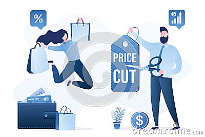 Cut Prices, holiday discounts or seasonal sales. Businessman or salesman holding price tag, scissors cuts in half. Special offer Vector Illustration