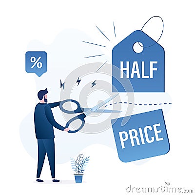 Cut Prices, holiday or seasonal sales. Sale and discounts design. Businessman or salesman holding scissors and cuts price tag in Vector Illustration