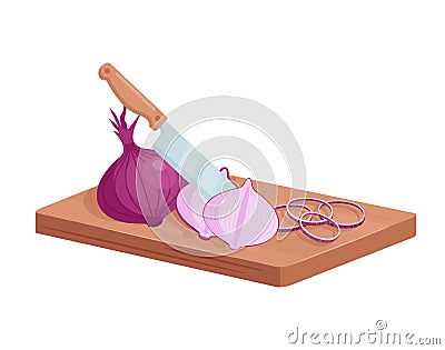 Cut red onion on chopping board, isometric knife cutting vegetable on wooden board Vector Illustration