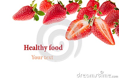 Cut strawberries with strawberry pattern. Isolated. Macro. Texture. Frame with copy space. Stock Photo