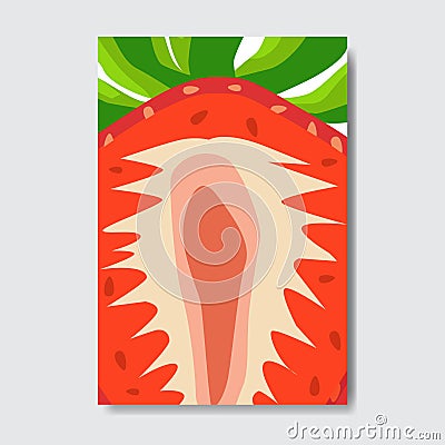 Cut strawberry template card, slice fresh fruit poster on white background, magazine cover vertical layout brochure Vector Illustration