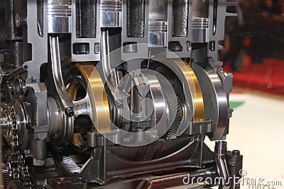 Cutaway of crank and pistons in engine. Stock Photo