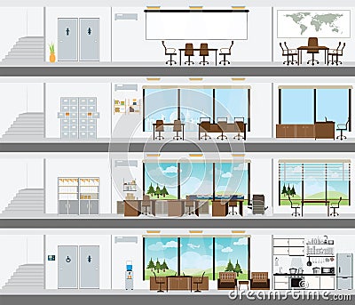 Cutaway Office Building with Interior Design Plan Vector Illustration